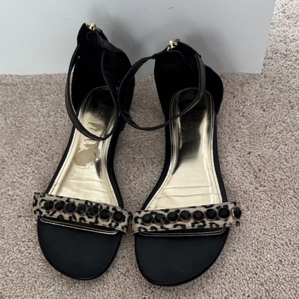 Report Black Ankle-Strap Sandals with Leopard Accent and Black Stones